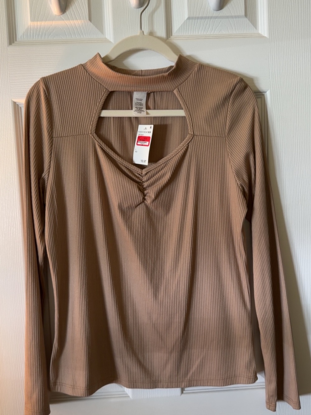 Just Cause Ribbed Keyhole Long-Sleeve Top - Taupe